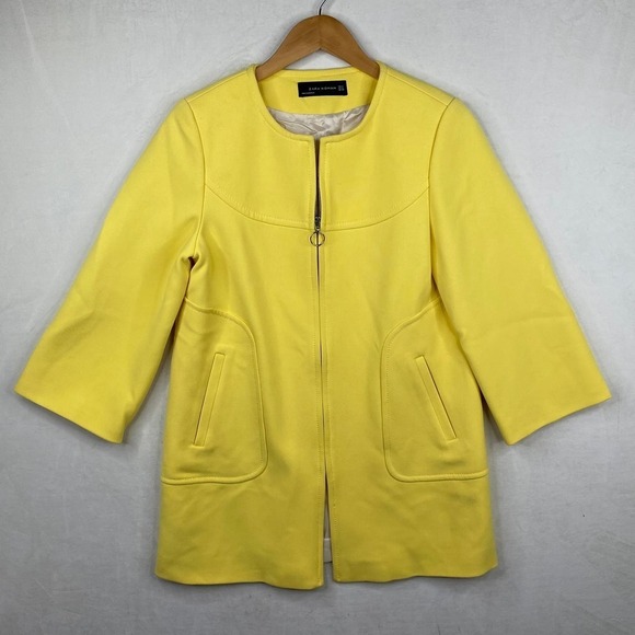 Zara Yellow Round Neck Full Zip Tailored Coat 3/4 Length Sleeves Size Medium - Picture 3 of 10